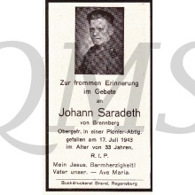 In Memoriam Karte/Death notice Johann Saradeth