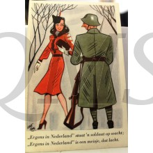 Prent briefkaart 1940 mobilisatie Ergens in Nederland staat een soldaat op wacht Ergens in Nederland is een meisje dat lacht