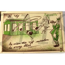Prent briefkaart 1940 mobilisatie Reveille de man die vijf minuten te vroeg blies