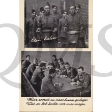 Prent briefkaart mobilisatie 1940 eten halen, geslagen magen