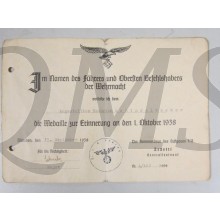 Urkunde 1 oktober medaille 1938 (Award document 1st october 1938 medal)