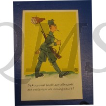 Prent briefkaart Mobilisatiie 1940 De korporal heeft aan zijn spuit een vette ham als oorlogsbuit