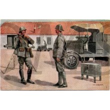 Prent briefkaart no 16 Soldatern van Korps Luchtdoelartillerie en van Korps Pontonniers en Torpedisten in Veldtenue
