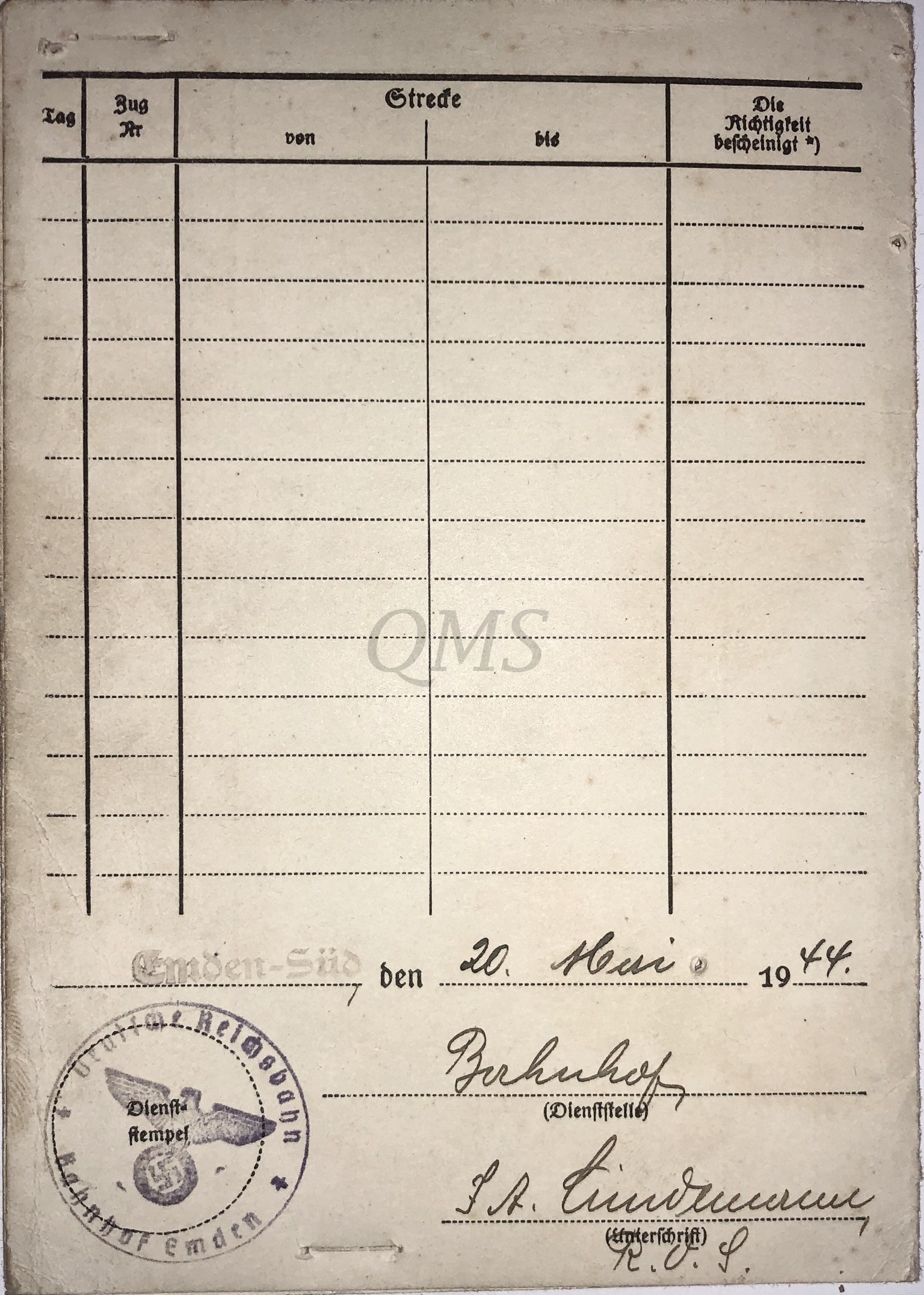 Deutsche Reichsbahn 1944 Fahrausweis fur Haftfahrten