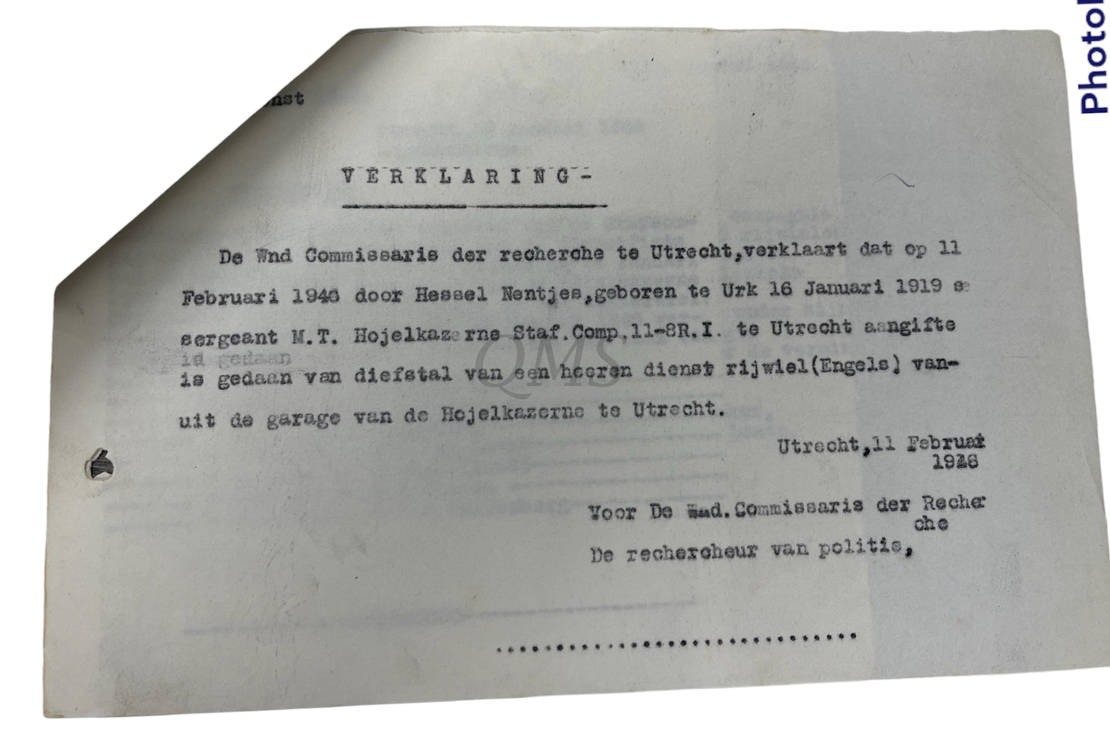 Proces verbaal Vermissings (Engels) Heeren Dienstrijwiel Hojelkazerne