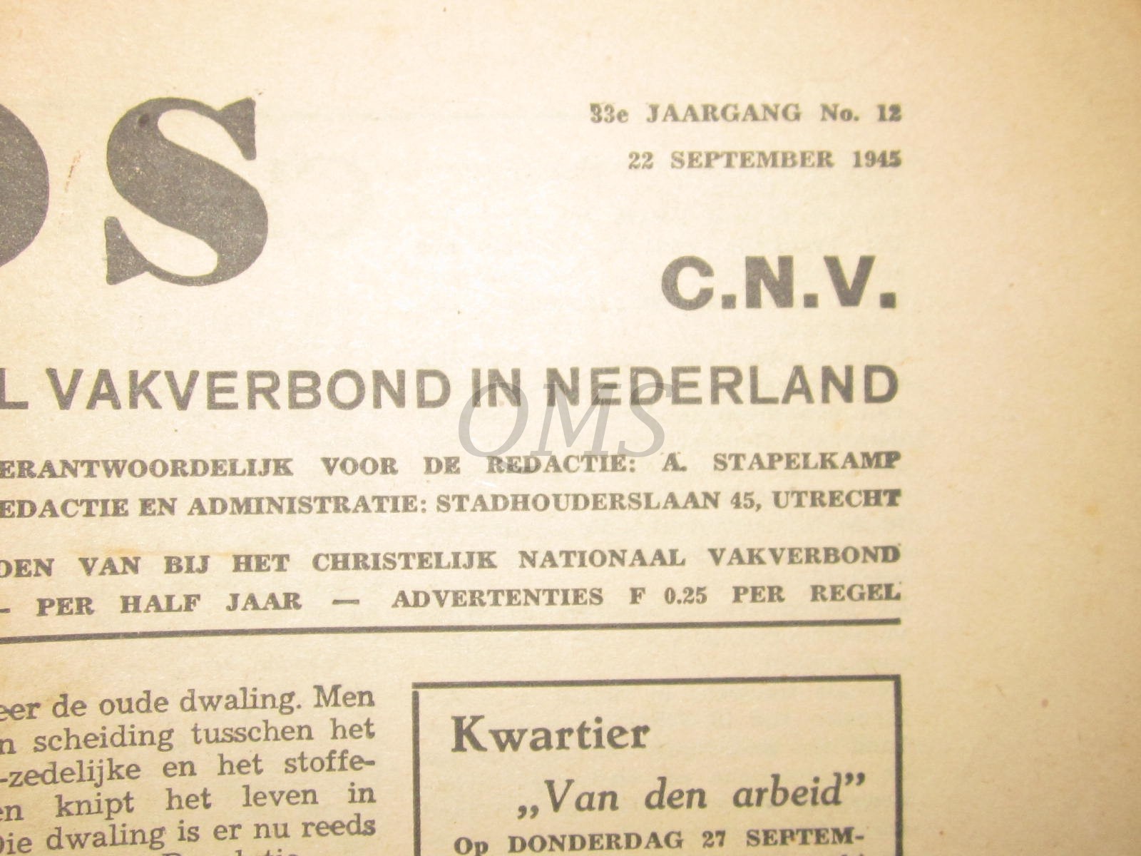Krant De Gids Cnv 22 Sept 1945