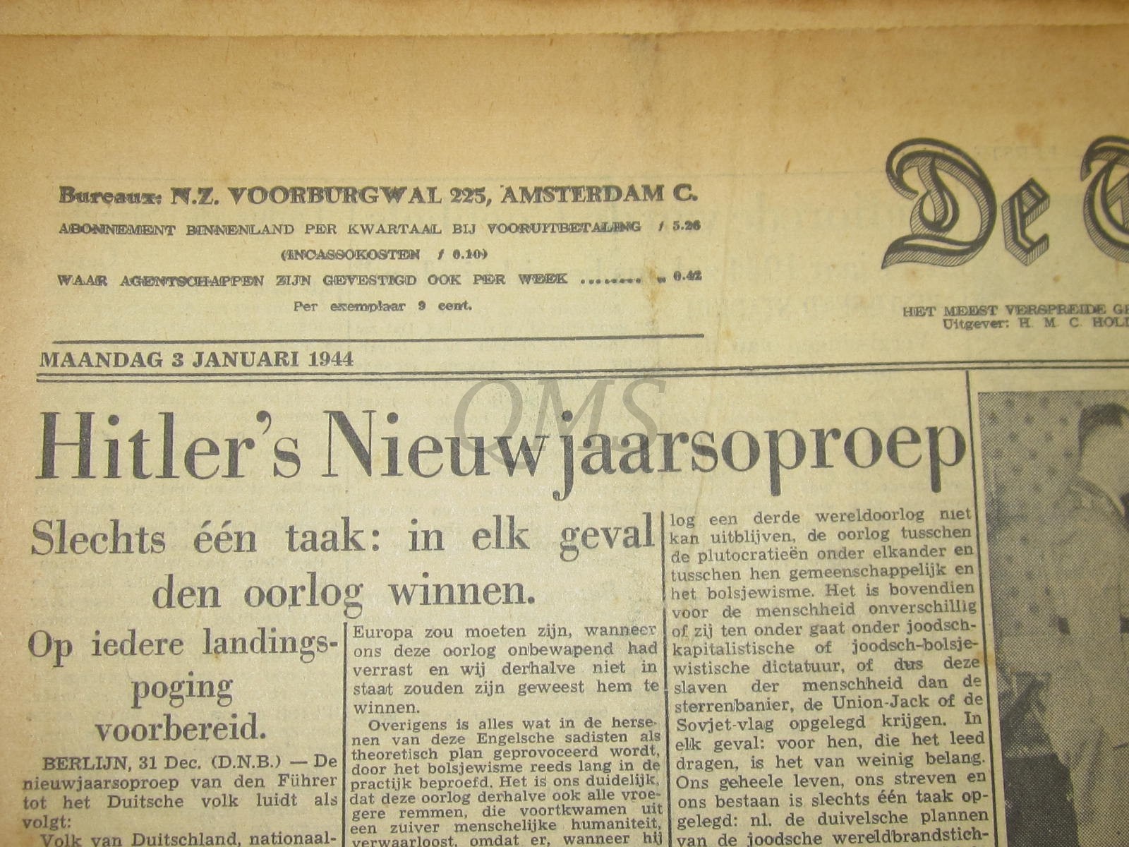Krant de Telegraaf Maandag 3 jan 1944 Krant de Telegraaf Maandag 3 jan 1944