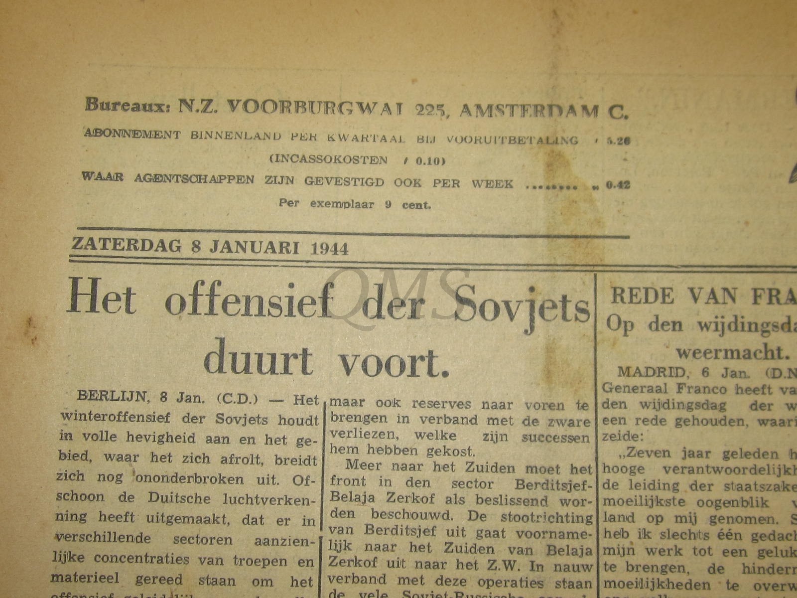 Krant de Telegraaf zaterdag 8 jan 1944