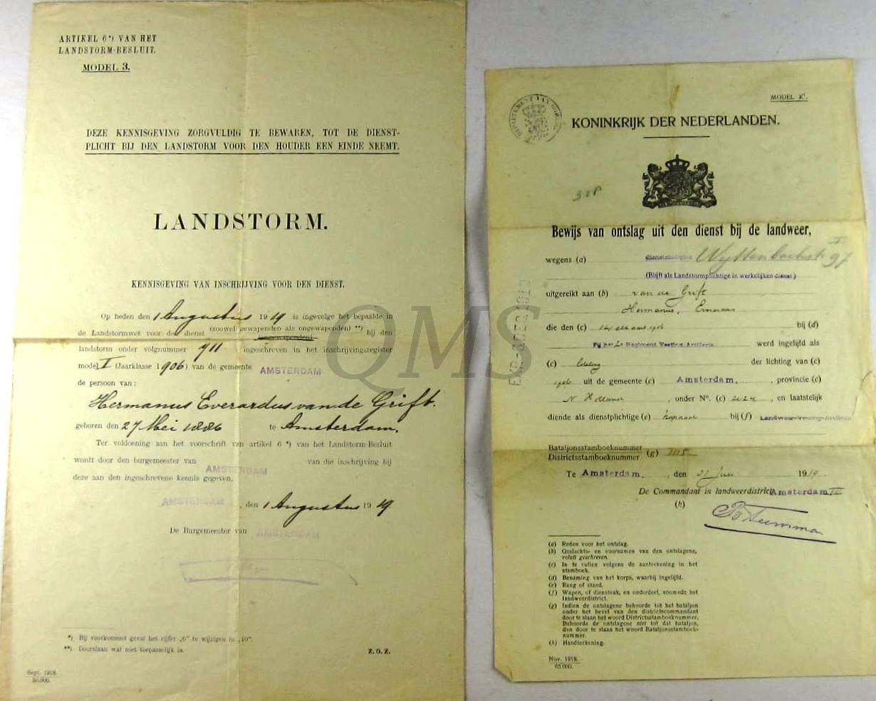 Landstorm Amsterdam 1919 Kennisgeving inschrijving en bewijs van ontslag