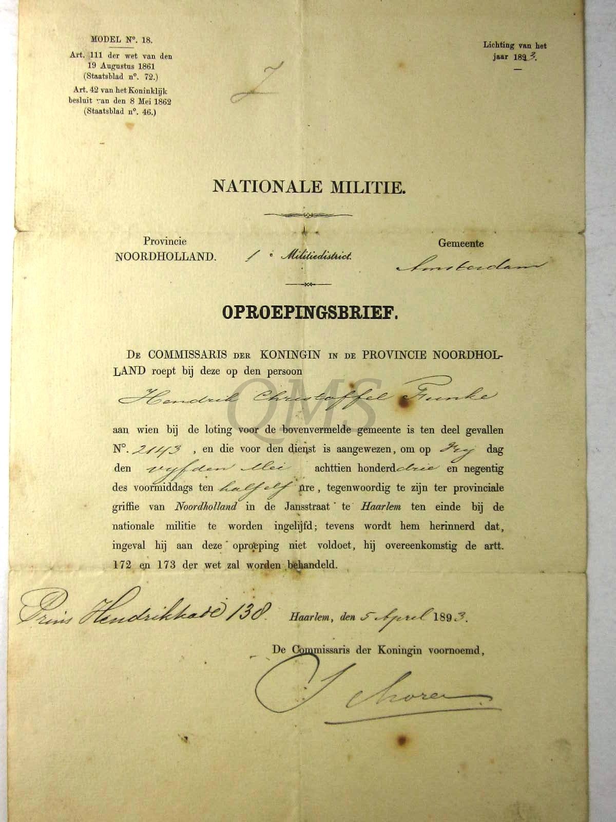 Oproeping tot Loting , bewijs van inschrijving en oproep brief Nationale Militie 1893