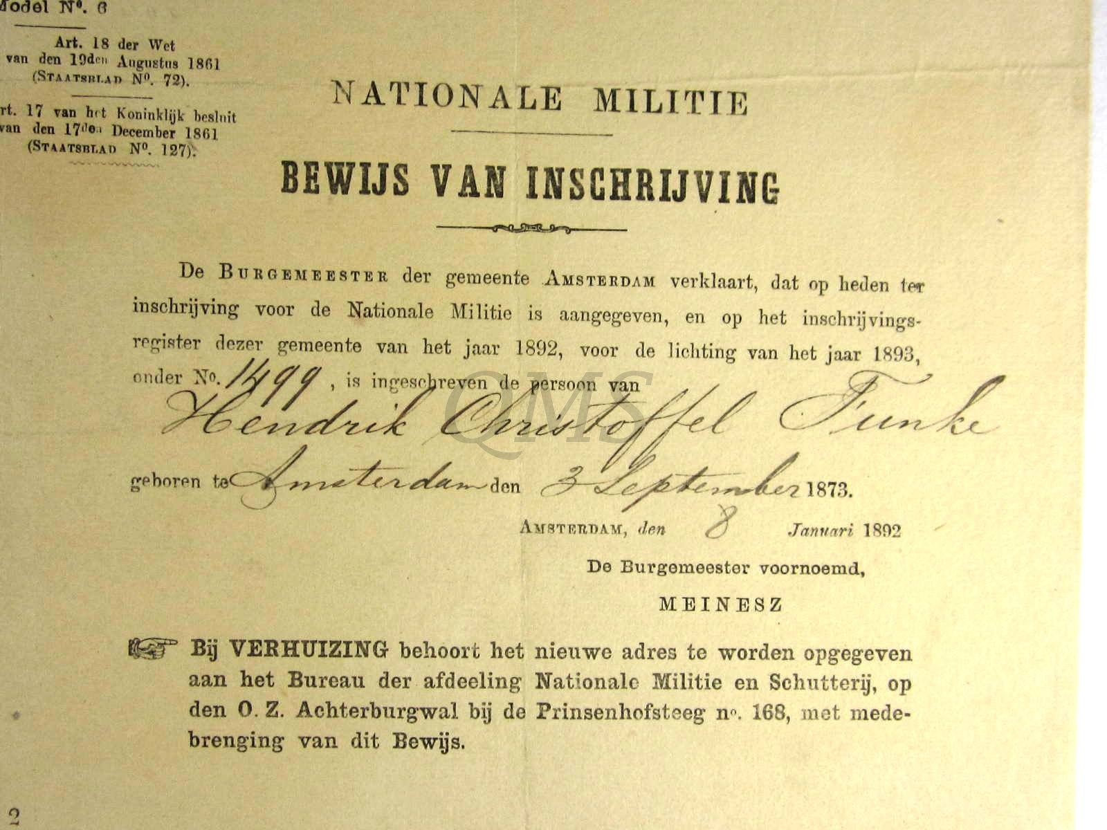 Oproeping tot Loting , bewijs van inschrijving en oproep brief Nationale Militie 1893