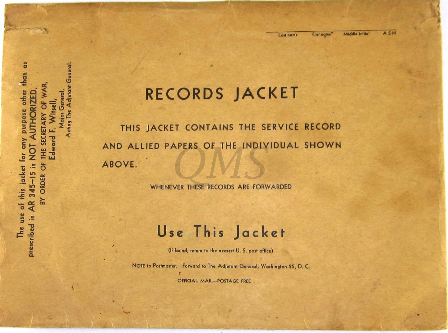 US Army Records Jacket 1943