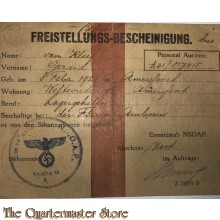 Freistellungs-bescheinigung Schanzarbeiten Einsatzstab der NSDAP abscnitt Nord 1944/45