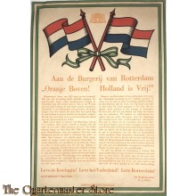 Poster 1945 Aan de burgerij van Rotterdam. Oranje Boven ! Holland is Vrij !