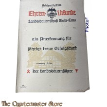 Urkunde Treue Gefolgschaft der Reichsnahrstand Landesbauernschaft Weser-Ems