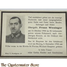In Memoriam Karte/Death notice O.Gefreiter Franz Wiezinger Ostfront 1944