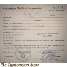 Vorlaufiger Ruckstellungsschein no 131 Arbeitseinsatz Amersfoort