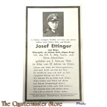 In Memoriam Karte/Death notice Ober Gefreiter Gebirgsjager Regiment  Russland 1944