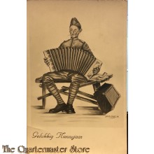 Prentbriefkaart mobilisatie 1939 Gelukkig Nieuwjaar (soldaat op accordeon)