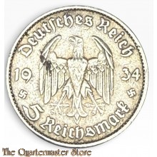 German 5 Mark 1934 silver Hindenburg