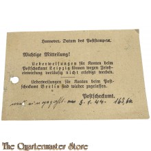1944 Wichtige mitteilung ! Postcheckamt Leipzig (No deposits due to Enemy attacks)