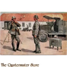 Prent briefkaart no 16 Soldatern van Korps Luchtdoelartillerie en van Korps Pontonniers en Torpedisten in Veldtenue