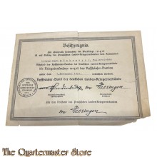 Bezitszeugniss / Zertifikat fur Kyffhauser Medaille - Bundes 1914/18