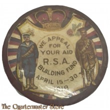 British WW1 Pin on button "We appeal for your aid R.S.A. building fund april 15-30 1918"