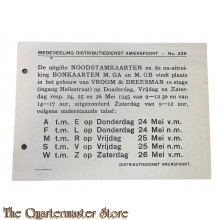 Mededeling Distributiedienst Amersfoort Noodstamkaarten 24,25,26 mei 1945