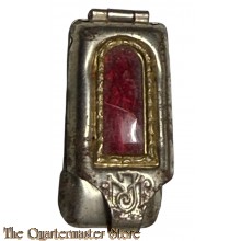 WW2 St Theresia Pocket Saint (reisreliekschrijn WO2 met Mariabeeld in metalen zakaltaar)