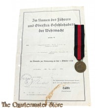 1 Oktober 1938 Medaille with award document 
