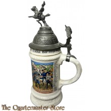 Keramik Deutscher Bierkrug mit Zinndeckel und Zinnfigur Adler und Reiter- 'Regimental - 9. Württ. Inftr. Reg.-Nr. 127