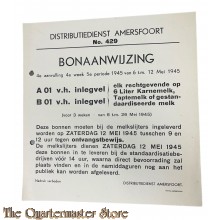 Bonaanwijzing  Distributiekring  Amersfoort no 429 4e aanvulling 4e week 5e periode 6 t/m 12 mei 1945