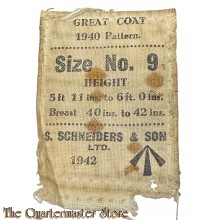 WW2 cloth label Great Coat 1940 pattern 