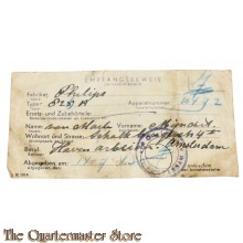 Einnahme Schein beschlagnahmtes Radio 1942