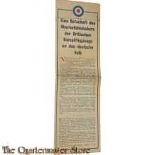 Flugblatt /  Leaflet , G.41, Eine Botschaft des Oberbefehlshabers der Britischen Kampfflugzeuge an das deutsche Volk