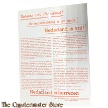 Flyer Burgers van Nederland de onderdrukking is ten einde Nederland is vrij !!
