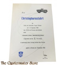 Dokument - Oorkonde Militaire Christophorusfahrt 1963 41ste Pantser Brig