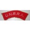 embroidered shoulder titles. An arc of red fabric on which is written in white "U.N.R.R.A.".