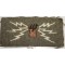 kaki wool brown hand grasping white lines of communication, white canvas backing