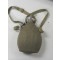 A grey/green wool covered, aluminum canteen with webbed shoulder sling with aluminum screw top