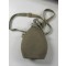 A grey/green wool covered, aluminum canteen with webbed shoulder sling with aluminum screw top