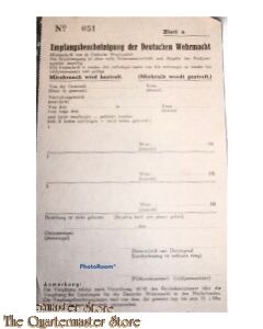Empfangsbescheinigung der Deutsches Wehrmacht in den Niederlanden blatt A no 051