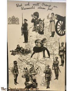 Prent briefkaart Wat ook Val Oranje en Weermacht staan pal