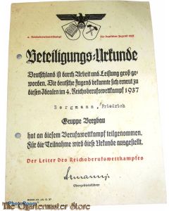 Urkunde Reichsberufswettkampfe 1937 Gruppe Bergbau