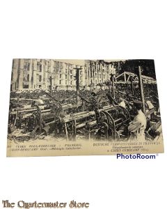 Prent briefkaart mobilisatie 1914 Duitsche verwoestingen in Frankrijk , uitgeplunderde weverijen te Chiry-Ourscamp (Oise)