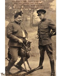 Prent briefkaart mobilisatie 1914 zoo gaat ‘t goed, steeds in galop