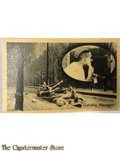 Prent briefkaart mobilisatie 1939 Gelukkig Nieuwjaar besneeuwde gracht scherende soldaat