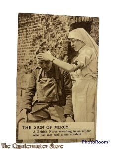 Postcard 14-18 The sign of Mercy, a British nurse attending to an officer who has met with a car accident