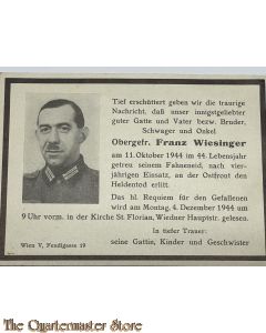 In Memoriam Karte/Death notice O.Gefreiter Franz Wiezinger Ostfront 1944